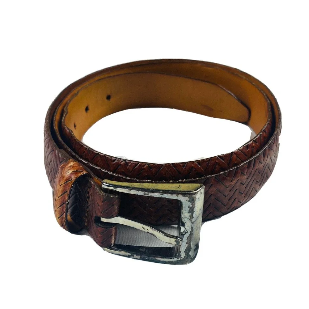 Martin Dingman Woven Treccia Calfskin Leather Brass Buckle Belt Brown Mens 36